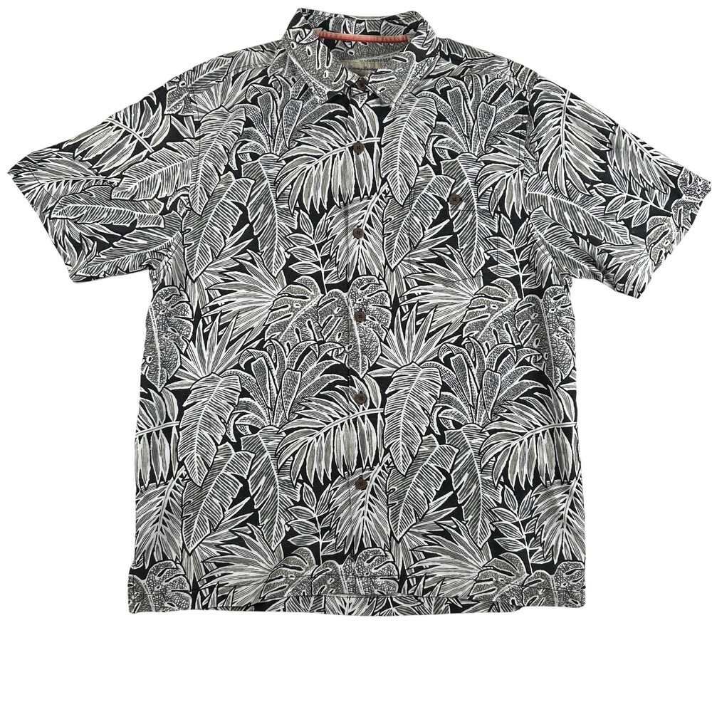 Tommy Bahama Shirt Mens Large Black Leaf Print Short Sleeve Button Front Modal